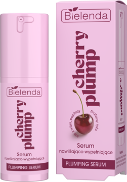Bielenda Cherry Plump Plumping Serum w różowej butelce z pompką obok dopasowanego, kartonowego opakowania.
