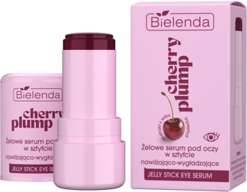 Bielenda Cherry Plump żelowe serum pod oczy w różowym sztyfcie z wysuniętą wiśniową masą, obok różowe pudełko produktu.