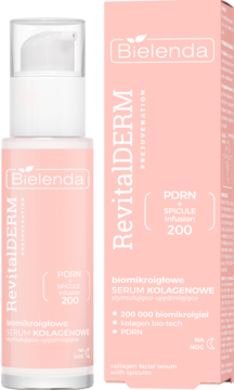 Bielenda RevitalDERM serum kolagenowe z biomikroigłami na noc w różowej butelce i pudełku, widok z przodu.
