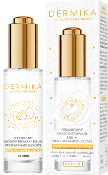 Dermika Luxury Ceramides serum przeciwzmarszczkowe z ceramidami i złotem 24K, w butelce i białym pudełku, widok z przodu.