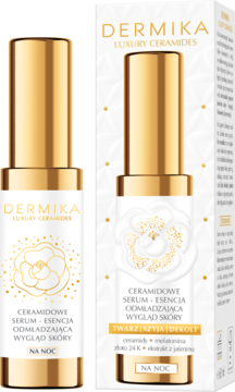 Biało-złote serum Dermika Luxury Ceramides, esencja odmładzająca na noc, butelka i pudełko, widok z przodu.