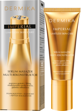 Złote serum Dermika Imperial Multi-rekonstruktor z masażerem, w tubce i pudełku, widok z przodu.