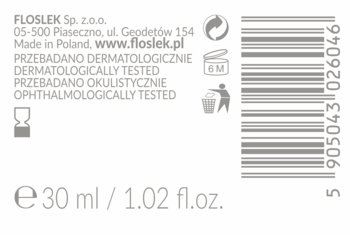Tył etykiety serum Floslek 30ml, testowanego dermatologicznie i okulistycznie, z danymi producenta i kodem kreskowym.