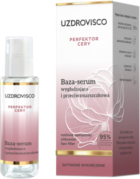 UZDROVISCO Baza-serum wygładzająca, przeciwzmarszczkowa, perfektor cery, z pompką, obok różowego opakowania.