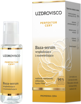 Złote UZDROVISCO Perfektor Cery Baza-serum, butelka z pompką i pudełko. Do wygładzania i rozświetlania cery.