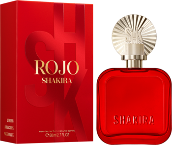 Shakira ROJO Eau de Parfum: czerwona butelka z ozdobną, złotą nakrętką obok pasującego opakowania.