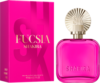 Shakira Fucsia EDP: kwadratowy flakon w kolorze fuksji z napisem SHAKIRA i pasujące pudełko z boku.