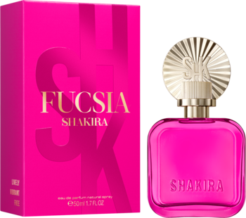 Shakira Fucsia woda perfumowana w intensywnie różowej butelce ze złotym korkiem, obok pasującego pudełka.