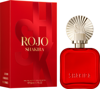 Woda perfumowana Shakira ROJO: czerwona butelka ze złotym korkiem, obok czerwone kartonowe pudełko z napisem.