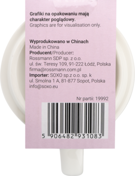 Tył różowej etykiety zestawu Eloy z dwoma kubkami, z widocznym kodem kreskowym i danymi producenta.