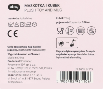 Tył różowego opakowania zestawu Eloy Kubek z pluszakiem, z widocznym kodem kreskowym, informacjami producenta i ikonami.