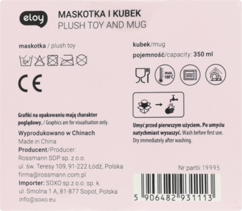Tył opakowania zestawu Eloy Kubek z pluszakiem niedźwiedź. Różowe tło, symbole prania, pojemność, dane producenta.