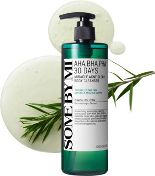 Some By Mi AHA BHA PHA 30 DAYS Miracle Body Cleanser, zielona butelka z pompką, na tle rozbryzgów produktu.
