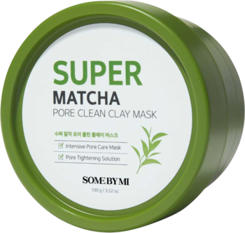 Zielona maska glinkowa Some By Mi Super Matcha Pore Clean do oczyszczania porów, w okrągłym słoju z białą etykietą, widok z góry.
