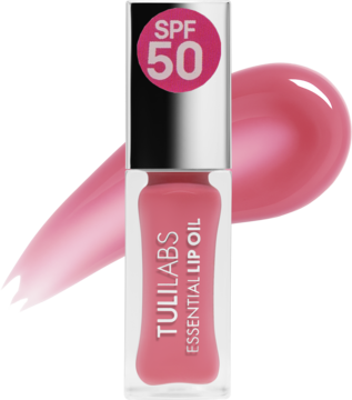 Tuli Labs Essential Lip Oil z SPF 50, w przezroczystej butelce, różowy odcień, z widocznym swatche.