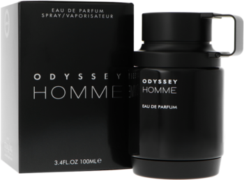 Armaf Odyssey Homme męska woda perfumowana, czarna butelka z nietypowym korkiem i pudełko obok, lekko pod kątem.