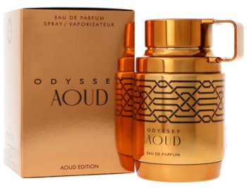 Armaf Odyssey Aoud męska woda perfumowana, złota butelka z czarnym geometrycznym wzorem i pudełko, z przodu.