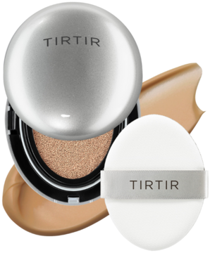 Nawilżający podkład TIRTIR Mask Fit Aura Cushion Mini 35N Walnut w srebrnym kompakcie z puszkiem.