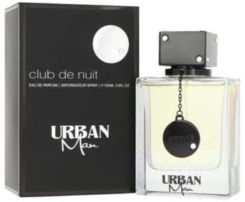Armaf Club de Nuit Urban Man, męska korzenno-drzewna woda perfumowana. Czarne pudełko i szklany flakon.