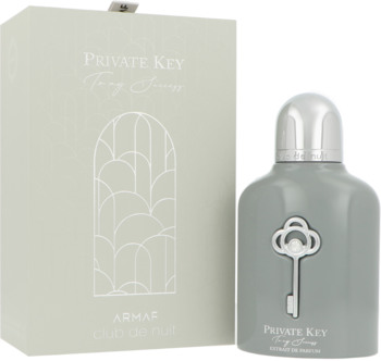 Armaf Club de Nuit Private Key To My Success, szary flakon perfum z kluczem i pudełko, widok z przodu.
