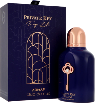 Armaf Private Key To My Life, ciemnoniebieski flakon perfum unisex z miedzianym kluczem, obok ozdobne pudełko.