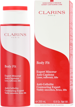 Clarins Body Fit, ujędrniający krem antycellulitowy 200 ml. Czerwono-biała butelka i pudełko stoją obok siebie.