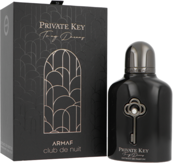 Armaf Club de Nuit Private Key To My Dream, ekstrakt perfum unisex, czarna butelka z kluczem i pudełko. Widok z przodu.