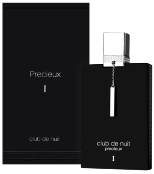 Czarny flakon perfum unisex Armaf Club de Nuit Precieux ze srebrną zatyczką i czarne pudełko obok.
