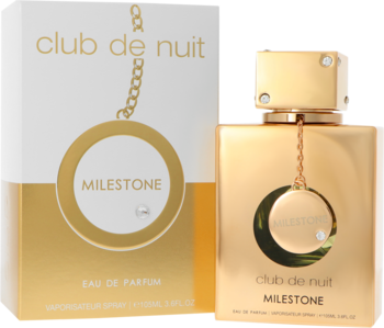 Armaf Club de Nuit Milestone, woda perfumowana unisex. Złota butelka i biało-złote pudełko, widok z przodu.