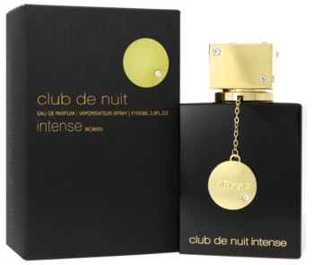 Damska woda perfumowana Armaf Club de Nuit Intense, czarna butelka i opakowanie z gold detalami, widok z przodu.