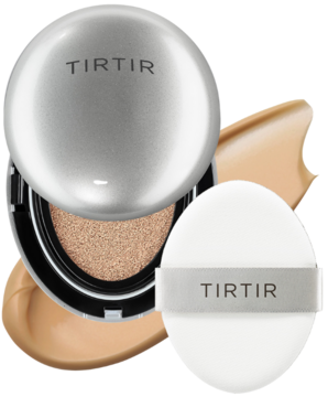 TIRTIR Mask Fit Aura Cushion Mini 33N, otwarty srebrny kompakt, biały puff, widoczny beżowy podkład.