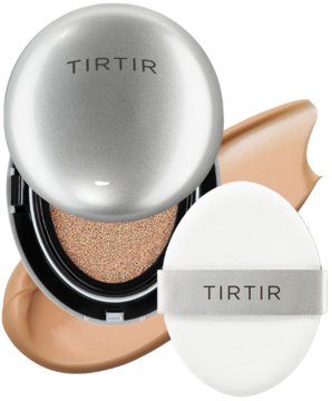 Srebrny kompakt TIRTIR Mask Fit Aura Cushion Mini 33C Hazel, otwarty, z gąbką i białym puszkiem.