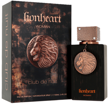 Armaf Club de Nuit Lionheart Woman EDP. Orientalno-waniliowy zapach. Ciemna, teksturyzowana butelka z lwem i pudełko.