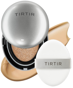 Otwarty, srebrny TIRTIR Mask Fit Aura Cushion Mini, z beżowym podkładem i białym puszkiem TIRTIR.