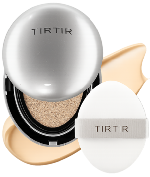 TIRTIR Mask Fit Aura Cushion Mini, podkład nawilżający, srebrny kompakt otwarty, widoczna beżowa baza i puff.