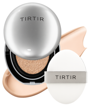 TIRTIR Mask Fit Aura Cushion Mini 21C Cool Ivory, nawilżający podkład, srebrne opakowanie, otwarty z puszkiem.