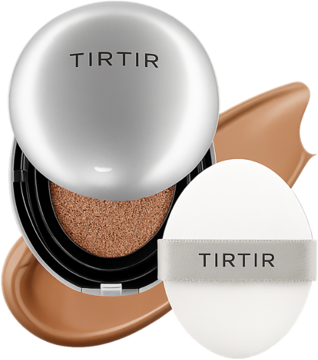 TIRTIR Mask Fit Aura Cushion 43N Deep Cocoa, nawilżający podkład w otwartym srebrnym kompakcie z puszkiem.