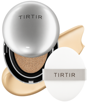 Nawilżający podkład TIRTIR Mask Fit Aura Cushion 27N Camel, srebrny kompakt, biały aplikator, beżowe smugi.
