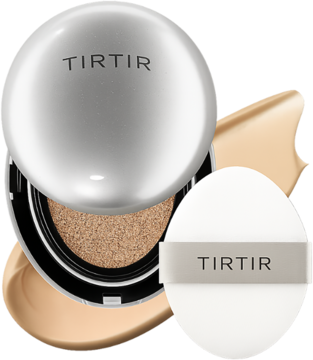 Nawilżający podkład TIRTIR Mask Fit Aura Cushion 33N Macchiato. Srebrny kompakt, biały puff, beżowe swatche.