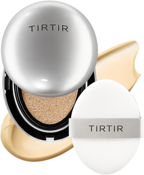 Zbliżenie nawilżający podkład TIRTIR Mask Fit Aura Cushion 24W Soft Beige, otwarty srebrny kompakt i gąbka.