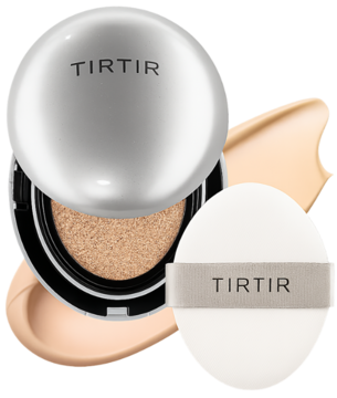 Otwarty, srebrny nawilżający podkład TIRTIR Mask Fit Aura Cushion 24N Latte, puff i próbki koloru.