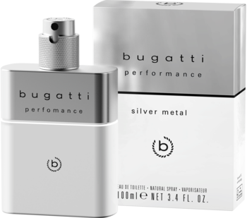 Srebrna butelka Bugatti Performance Silver Metal woda toaletowa 100ml i białe pudełko, widok z przodu.