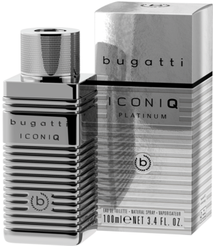 Bugatti Iconiq Platinum męska woda toaletowa, srebrna butelka z fakturą i dopasowane pudełko, widok z przodu.