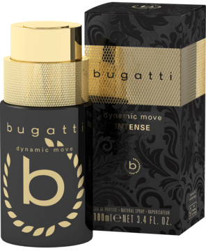 Woda perfumowana Bugatti Dynamic Move Intense, czarna butelka ze złotym logo 'b', obok dopasowanego pudełka.