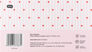 Różowe opakowanie Alinky w paski z sercami, tył z kodem kreskowym i danymi producenta.