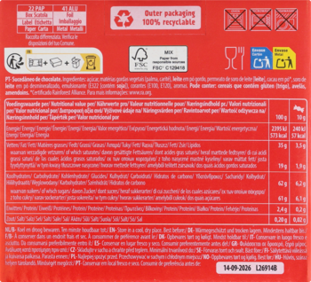 Tył czerwonego opakowania pralin czekoladowych, z recyklingowymi symbolami i listą składników odżywczych.