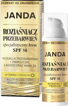 JANDA Rozjaśniacz Przebarwień krem SPF 50 z Wit. C, złota butelka z pompką i opakowaniem, widok przód.