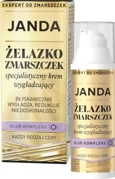 Janda ŻELAZKO ZMARSZCZEK, wygładzający krem. Złoty kartonik i biała butelka z pompką, widok z przodu.