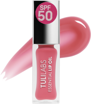 Olejek do ust Tuli Labs Essential Lip Oil Pink Crush SPF 50, w przezroczystej butelce, frontem do widza, z różowymi smugami.