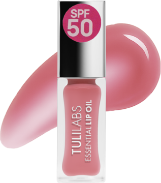 Tuli Labs Essential Lip Oil SPF 50 w odcieniu Kiss My Pink. Butelka z aplikatorem i różową próbką koloru.